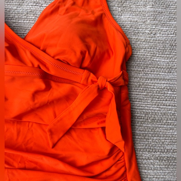 Orange One-piece swimming suit rushed sides with bow. - Picture 5 of 10